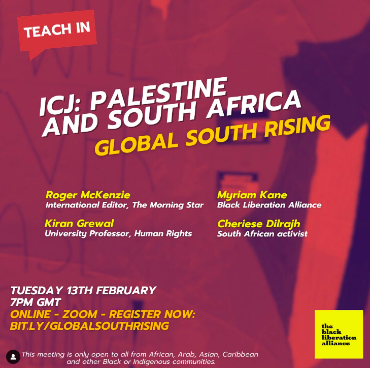 a poster for the Palestine and South Africa event